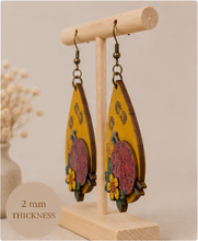 Cargar imagen en el visor de la galería, Side view of Hooked on Crochet wooden earrings showing the layered 3D construction and 2 mm wooden base.