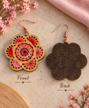 Cargar imagen en el visor de la galería, Front and back view of Natural Splendor wooden earrings showing hand embroidery on natural wood and brown felt backing that protects the threads