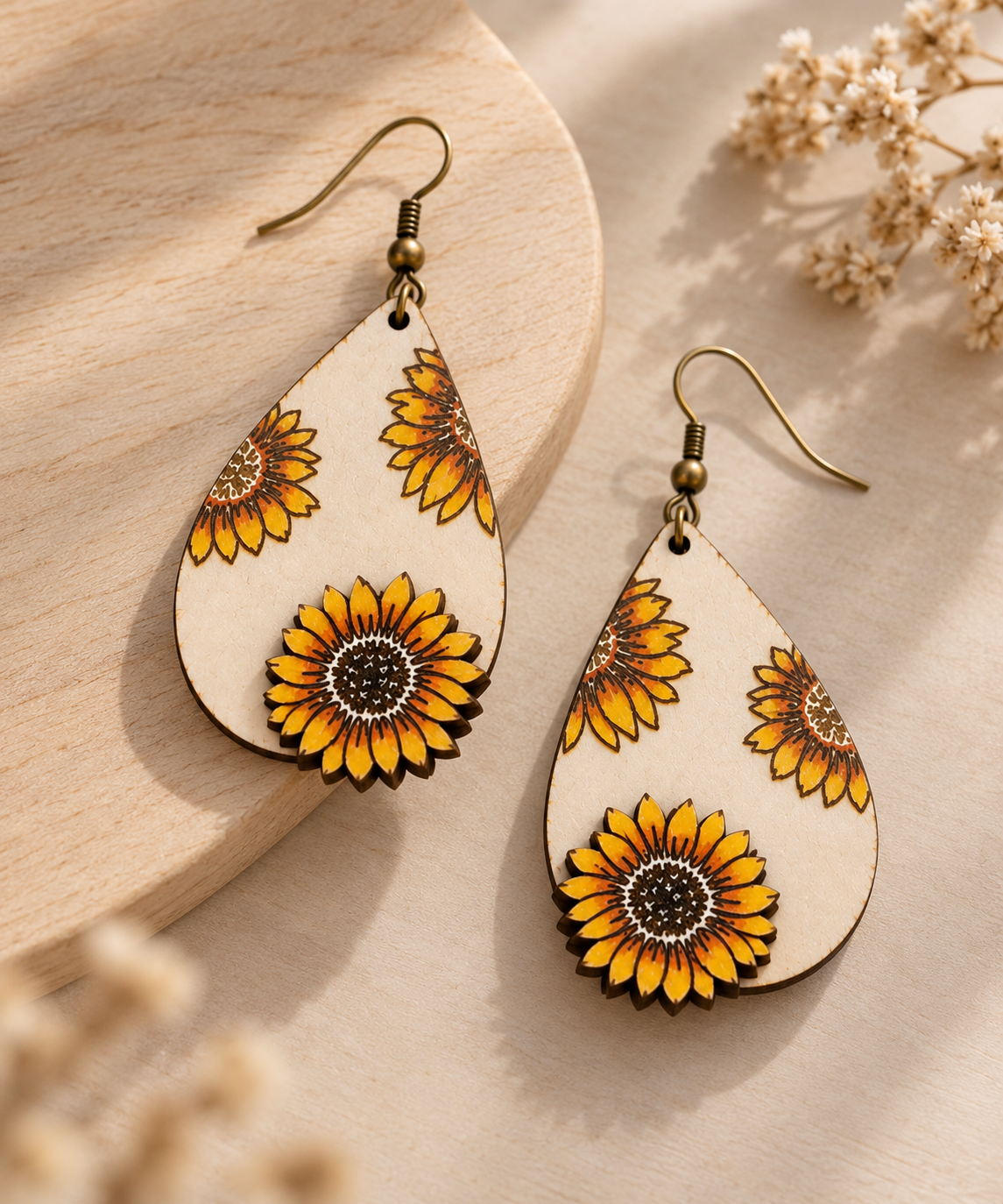 Sunflower Glow wooden earrings shown from the reverse angle with double-sided hand-painted design