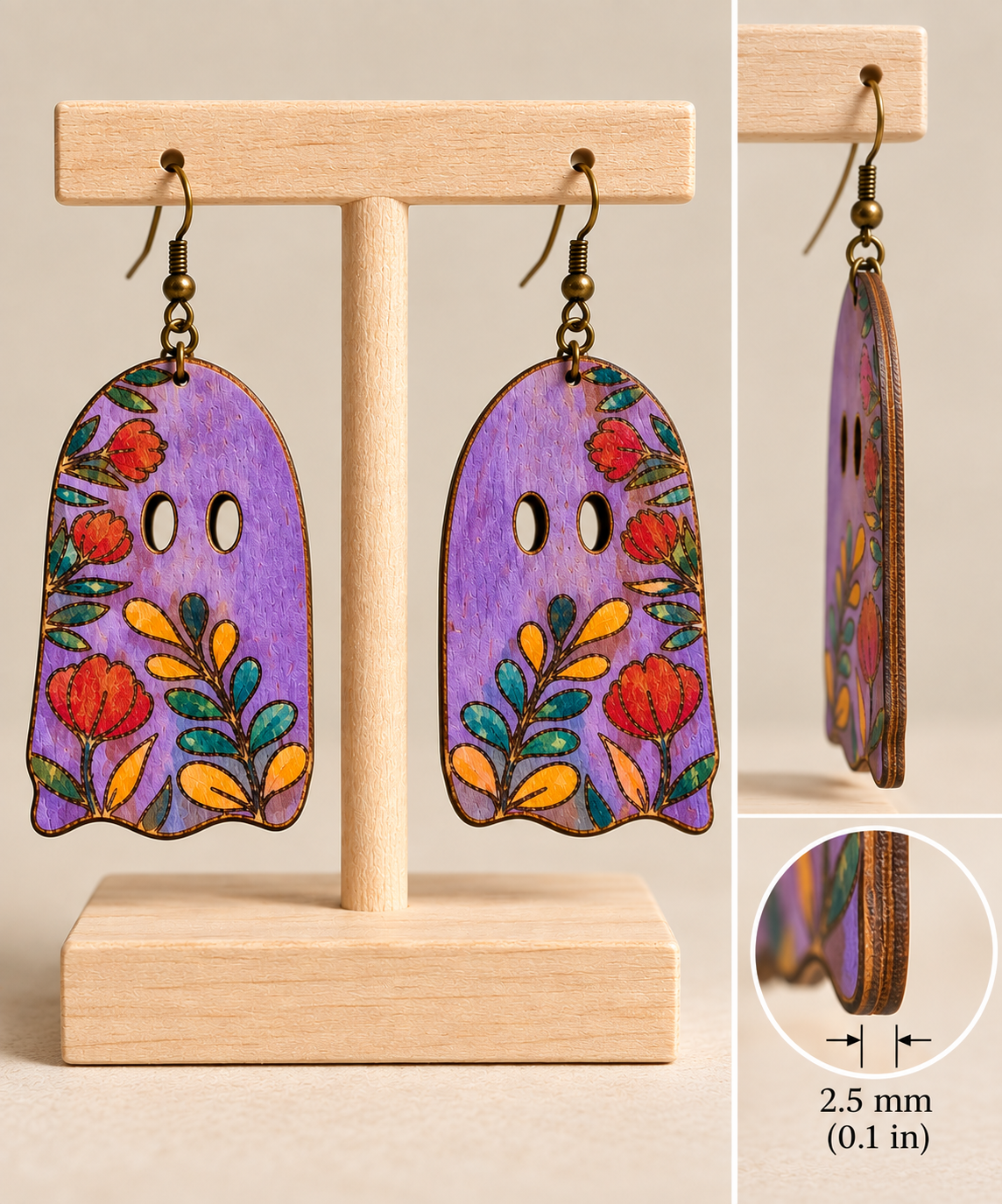 Floral Ghost wooden earrings shown from the front and side to highlight the single-piece 2.5 mm American linden wood thickness.