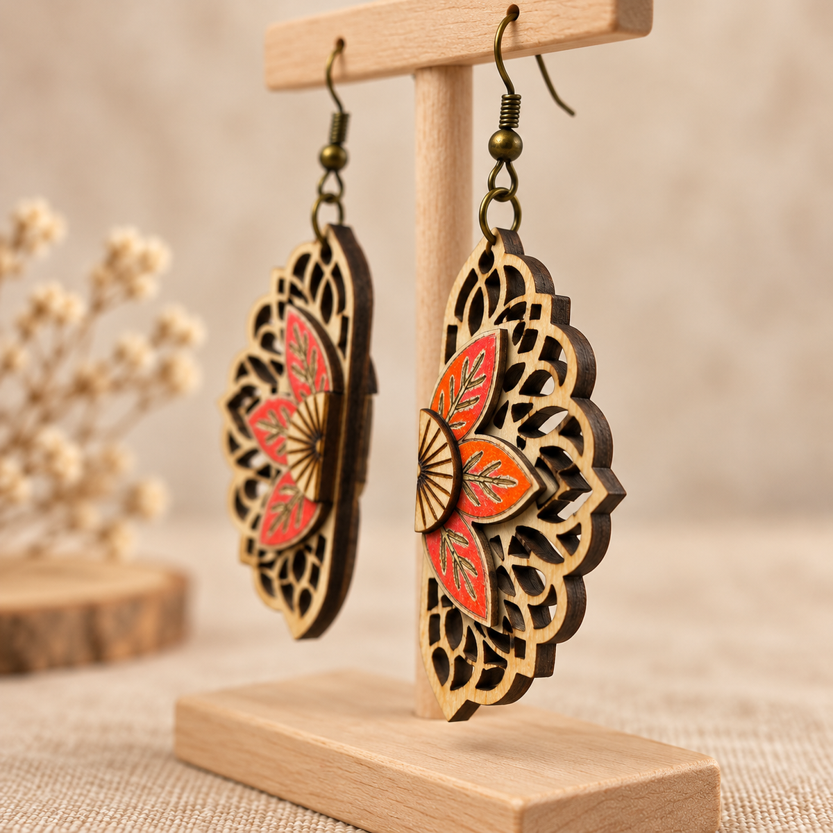 Side angle of Floral Mandala layered wooden earrings showing 2 mm wood and laser-cut edges.