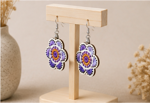 Angled view of Lavender Bloom hand-embroidered wooden earrings on a light wood stand.