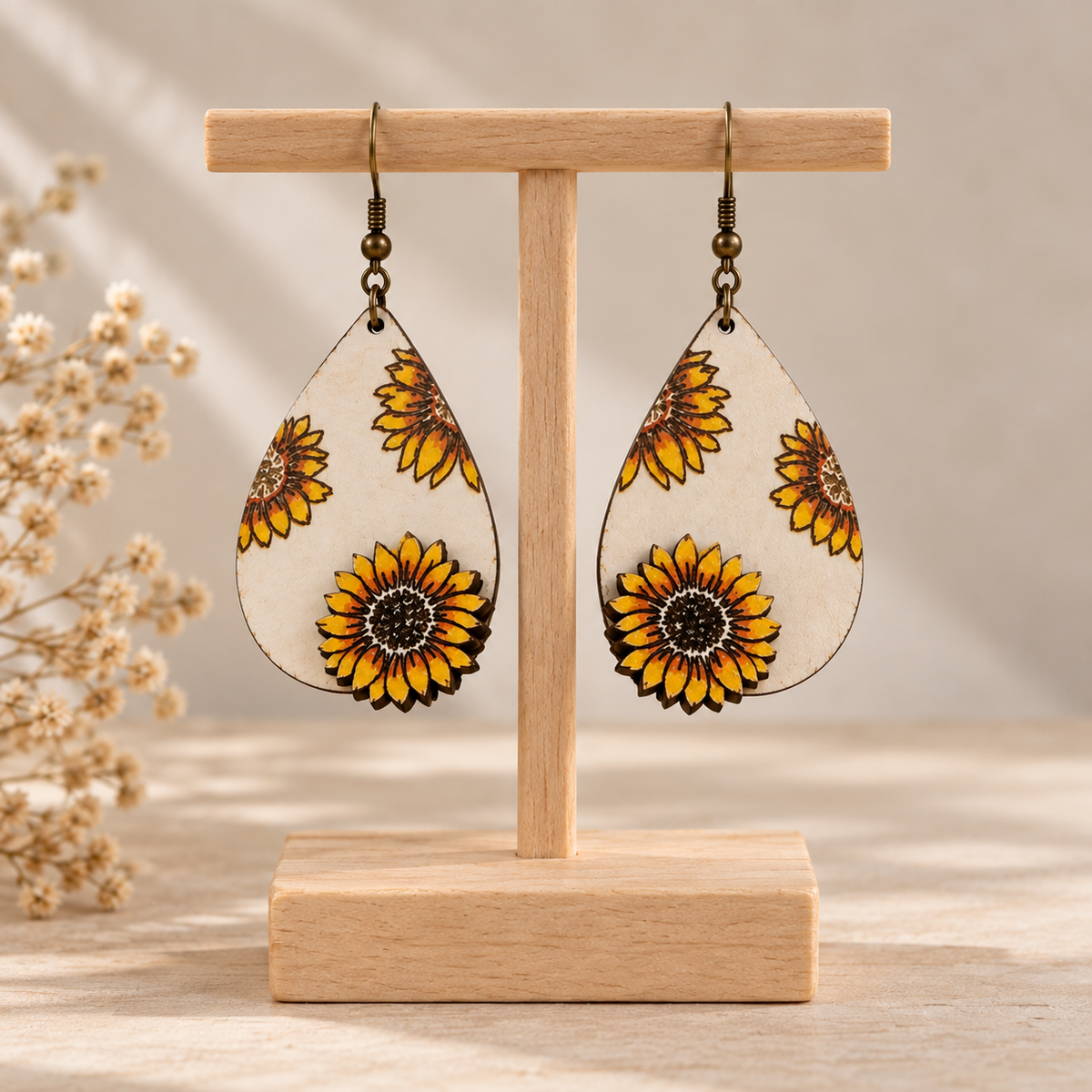 Sunflower Glow 3D hand-painted wooden earrings on a light wood stand