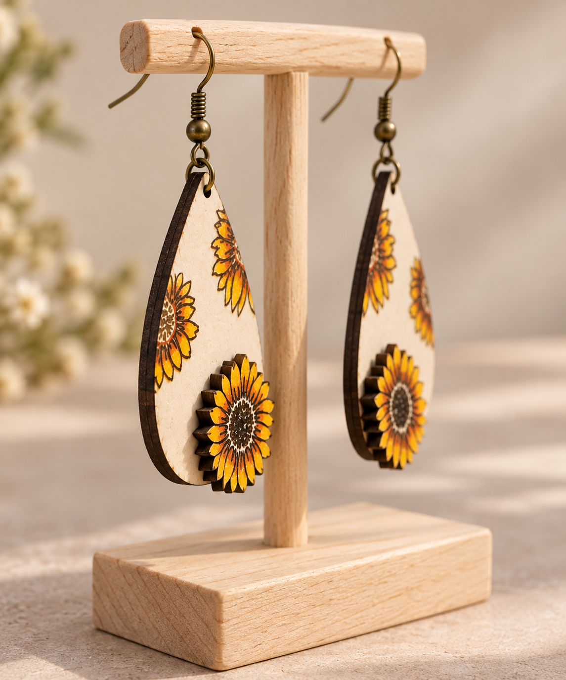 Side angle of Sunflower Glow wooden earrings showing the layered 3D sunflower detail